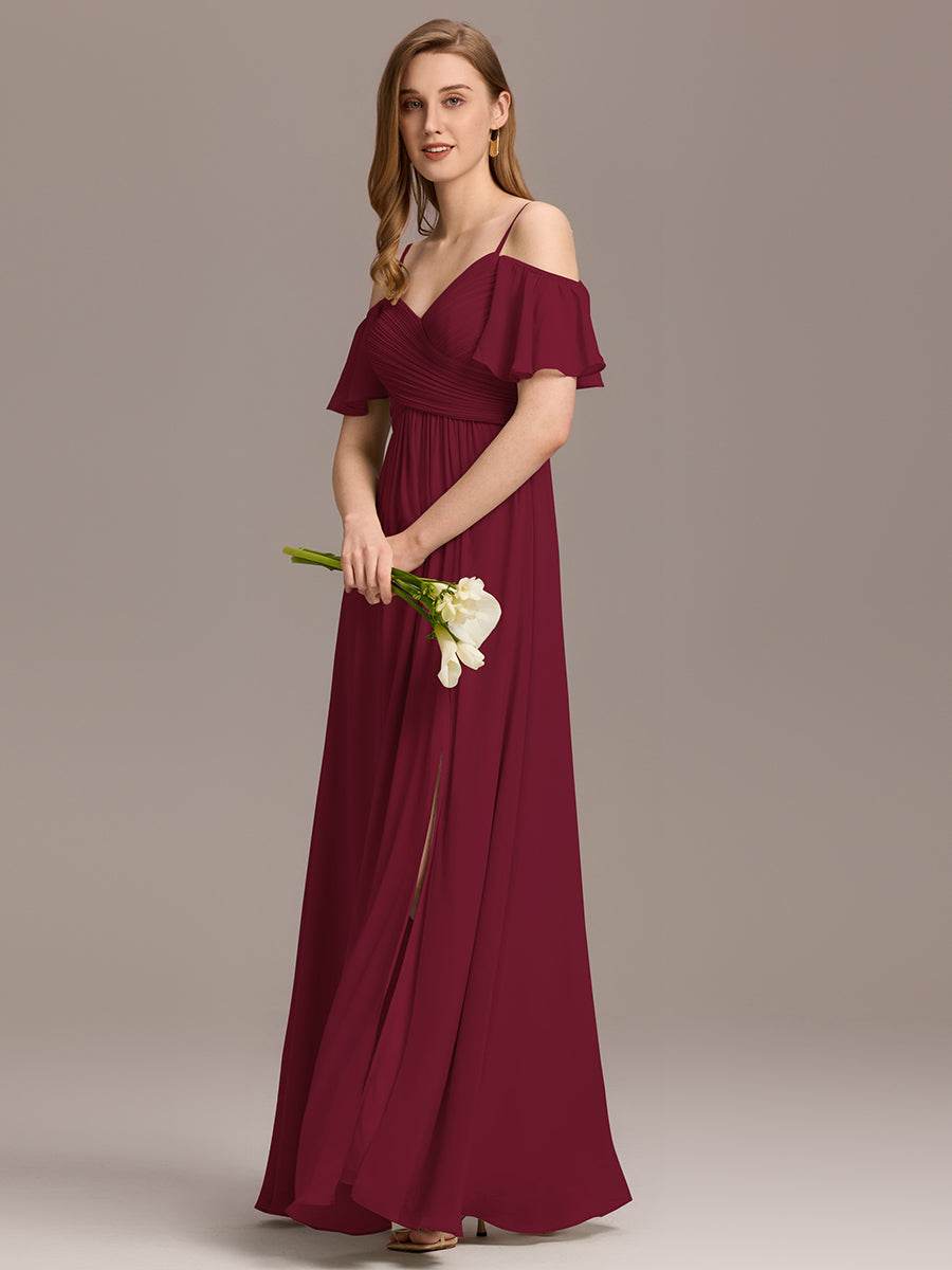 Off Shoulder Short Sleeve Pleated A-Line Bridesmaid Dress with Side Split – Floor Length - Biamonde